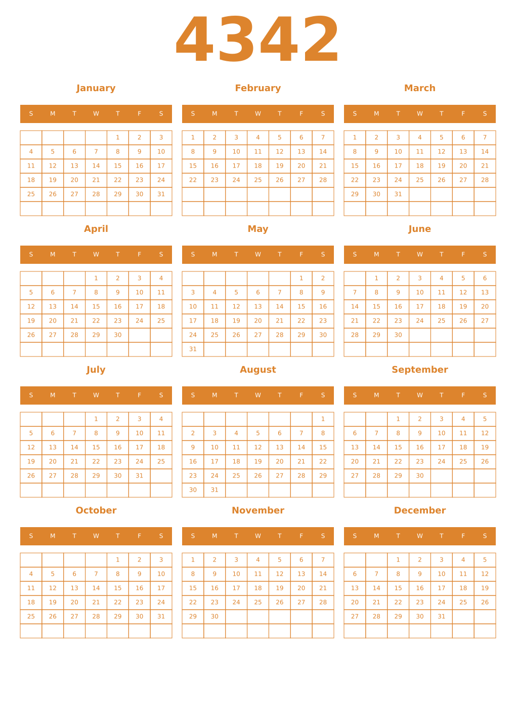 Printable 4342 Year Calendars orange