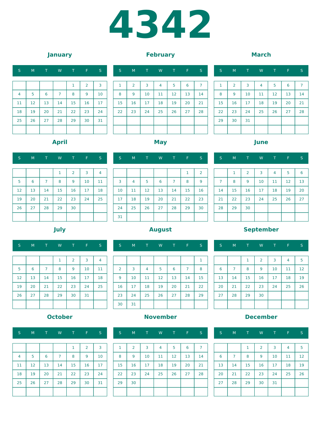 Printable 4342 Year Calendars pastel
