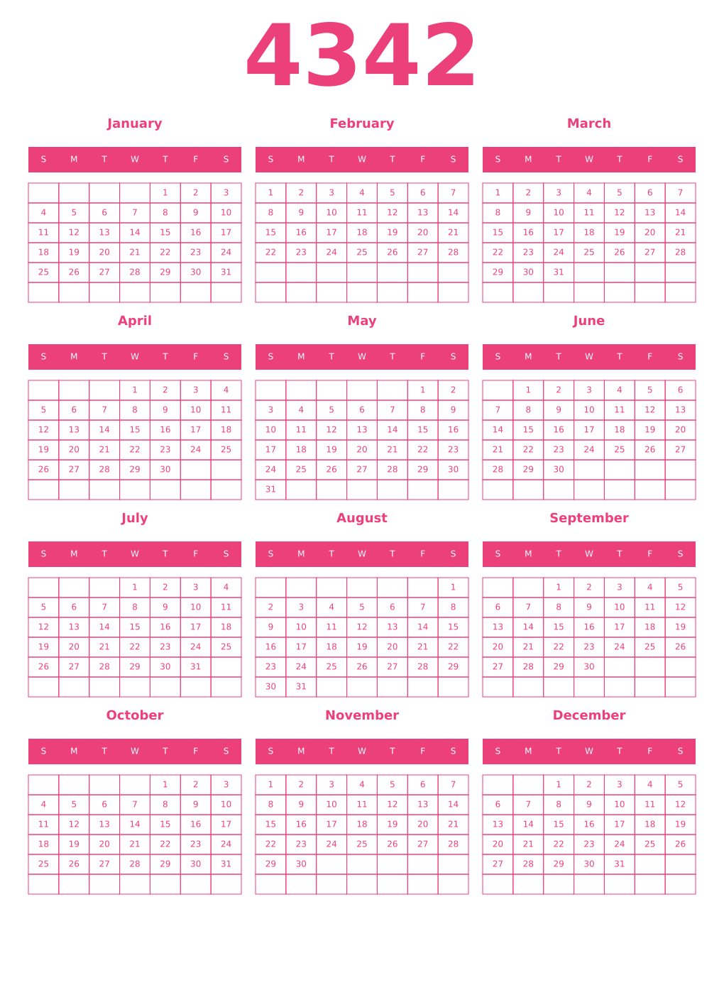 Printable 4342 Year Calendars pink
