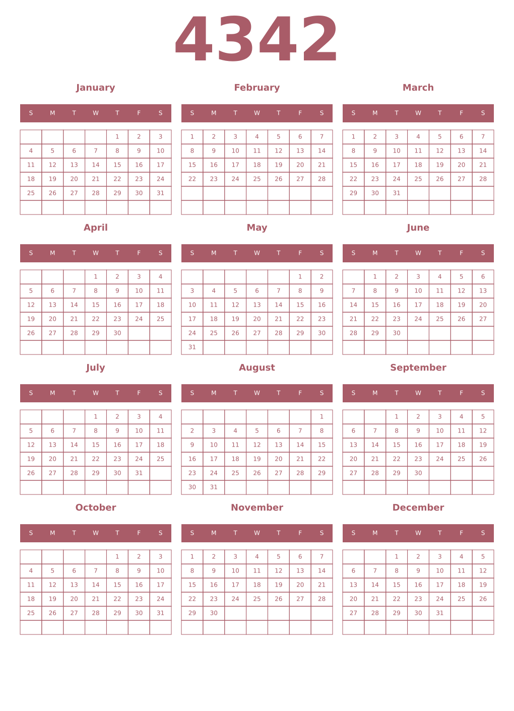 Printable 4342 Year Calendars puce