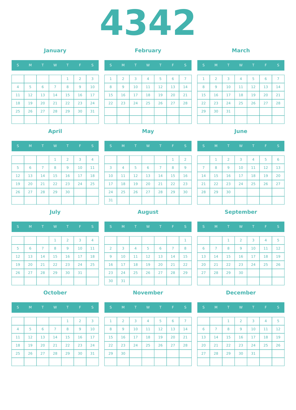 Printable 4342 Year Calendars verdigris