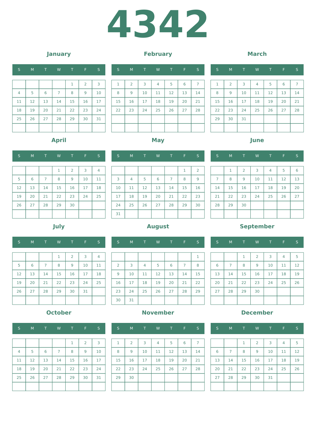Printable 4342 Year Calendars viridian
