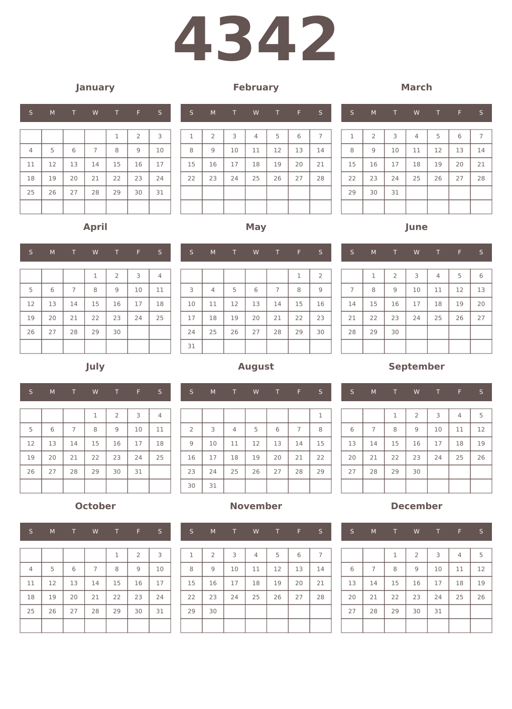 Printable 4342 Year Calendars wenge