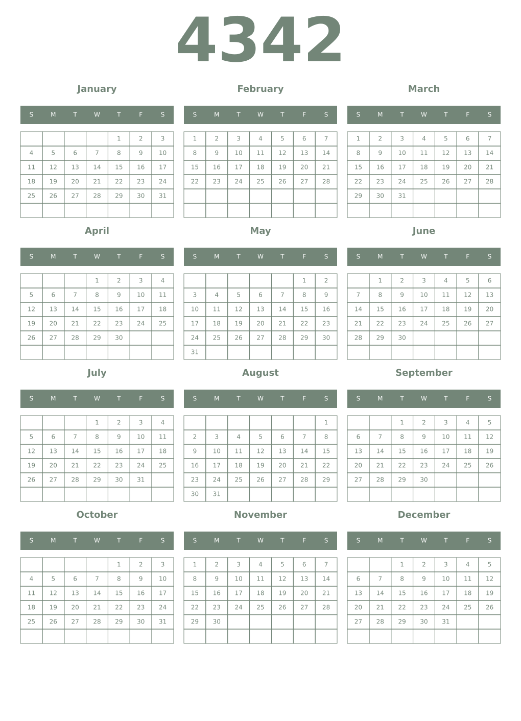 Printable 4342 Year Calendars xanadu