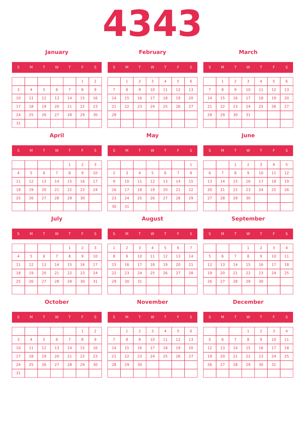 Printable 4343 Year Calendars amaranth