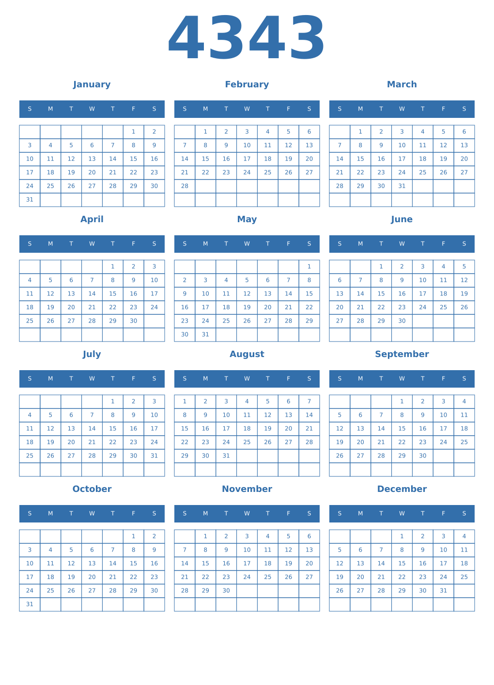 Printable 4343 Year Calendars blue