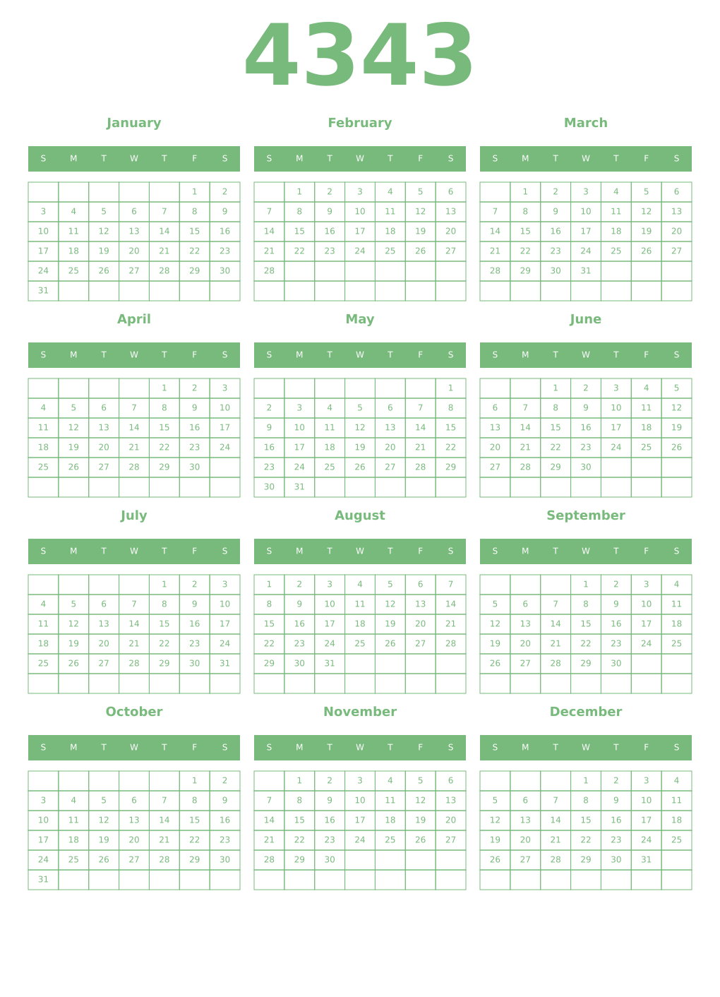 Printable 4343 Year Calendars celadon