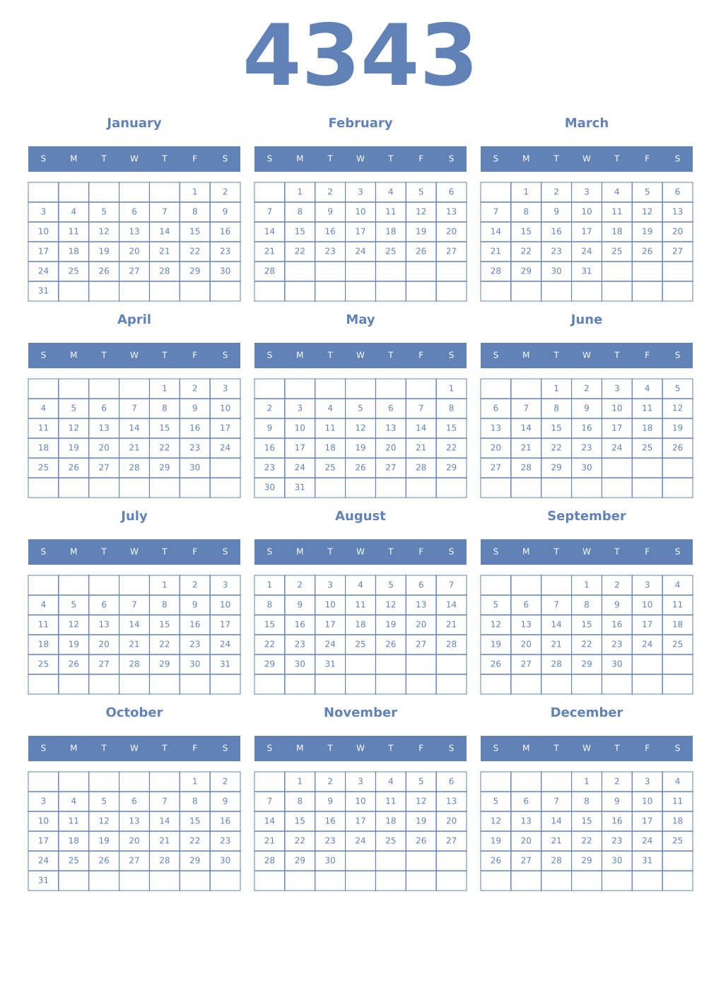 Printable 4343 Year Calendars glaucous