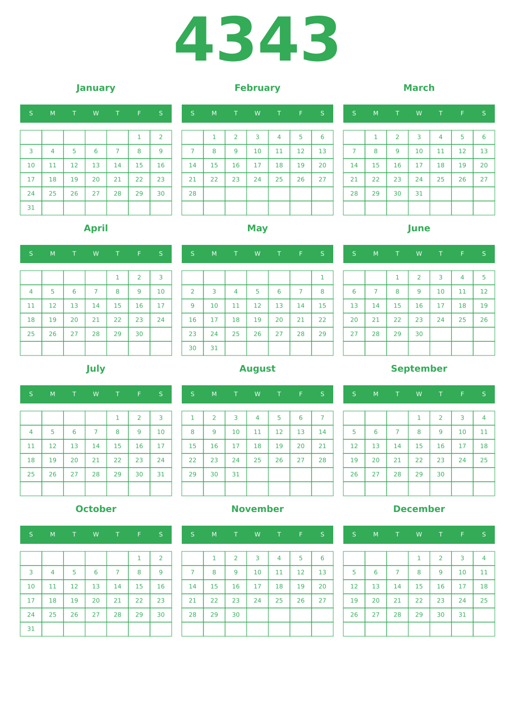 Printable 4343 Year Calendars green