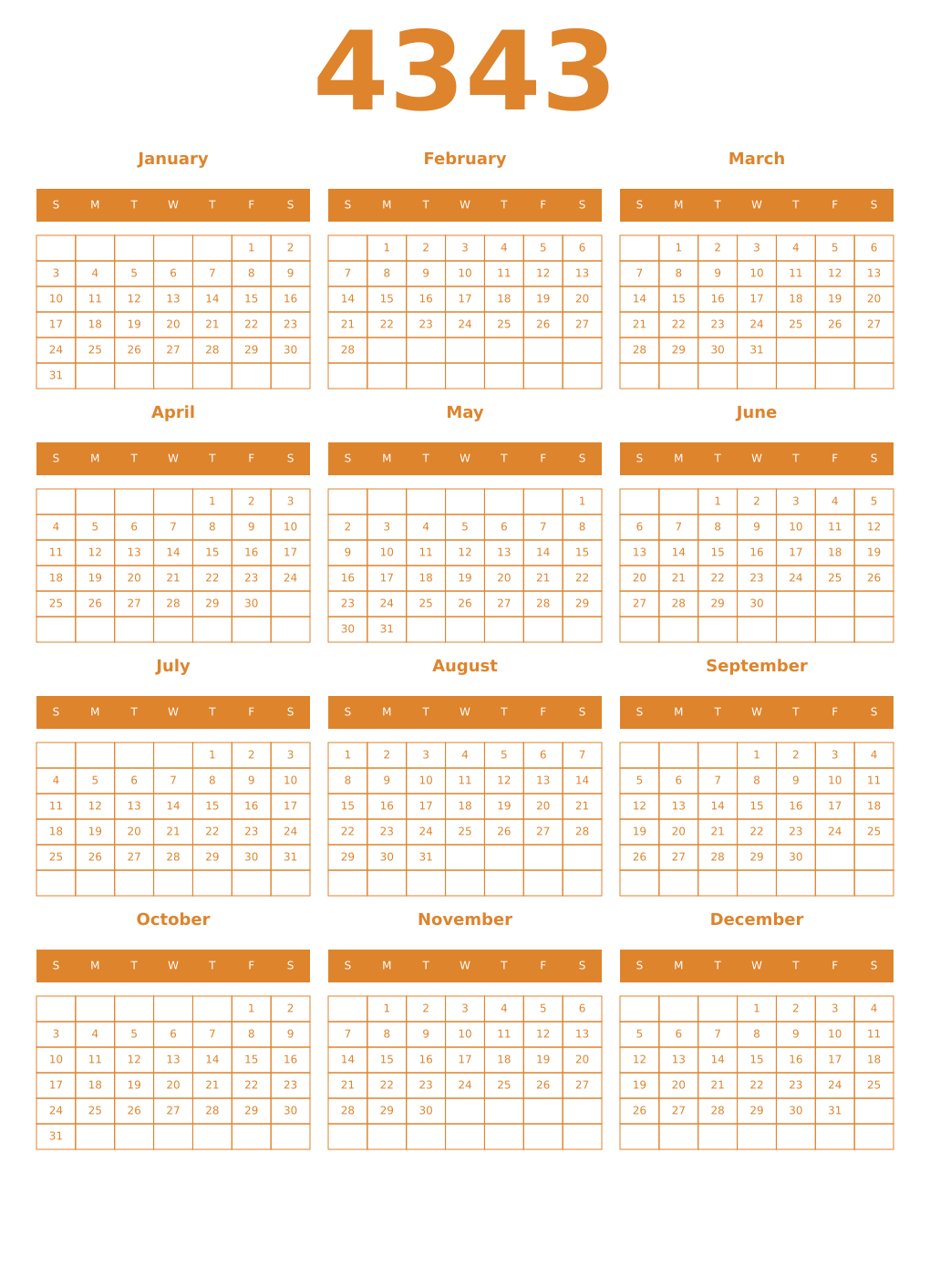 Printable 4343 Year Calendars orange