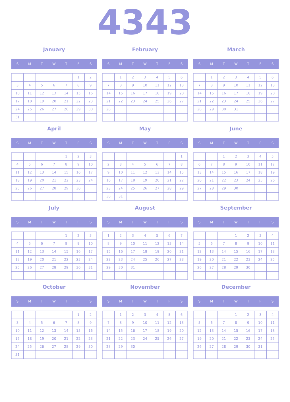 Printable 4343 Year Calendars periwinkle