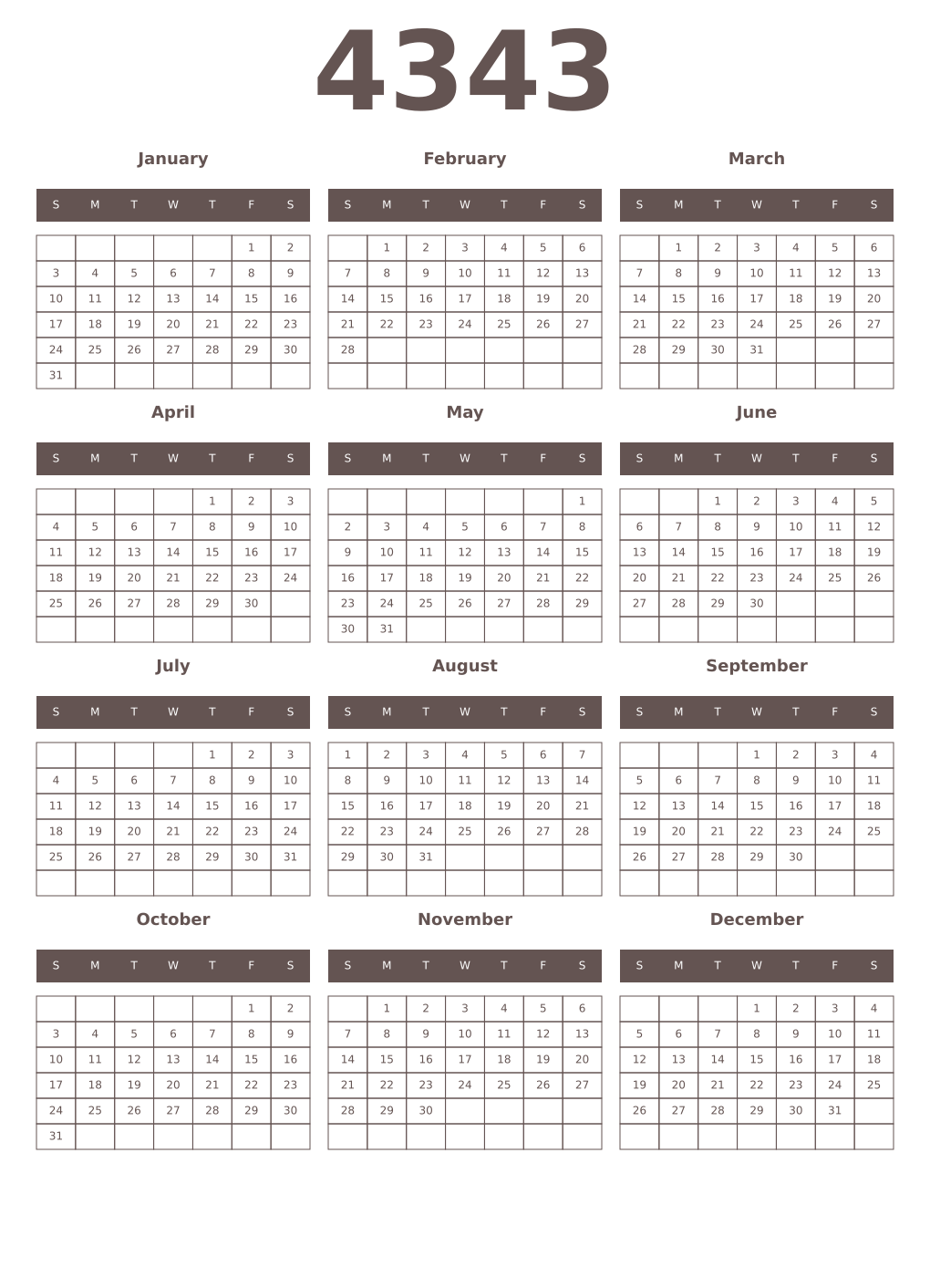 Printable 4343 Year Calendars wenge
