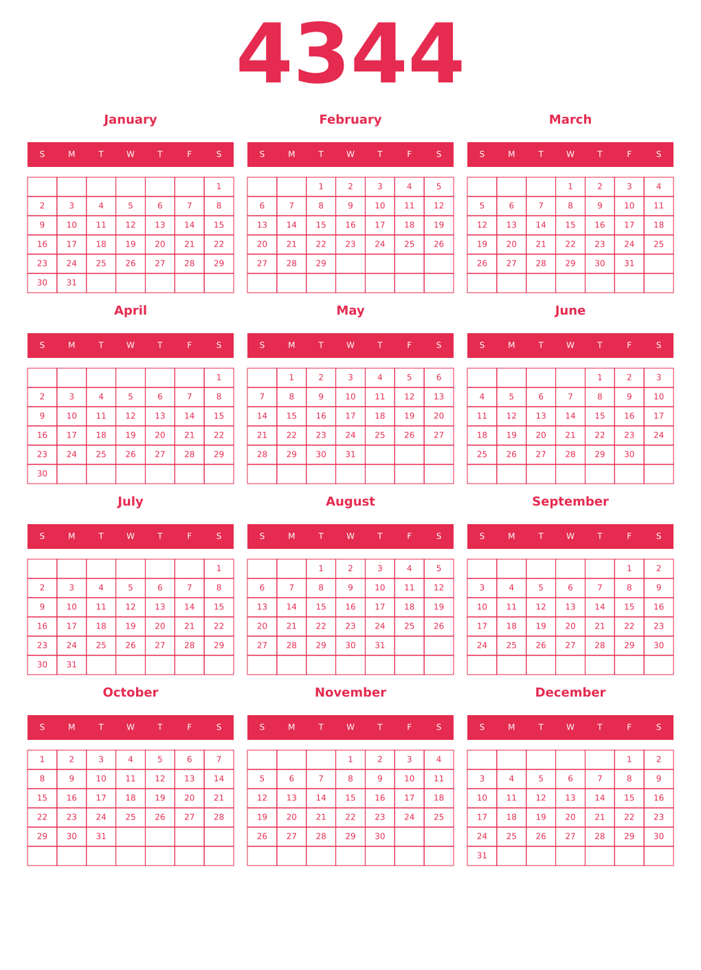 Printable 4344 Year Calendars amaranth