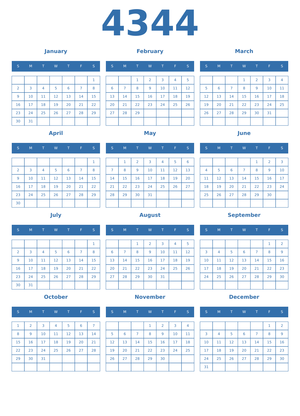 Printable 4344 Year Calendars blue