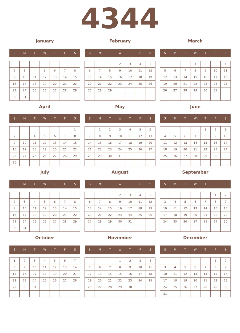Printable 4344 Year Calendars coffe
