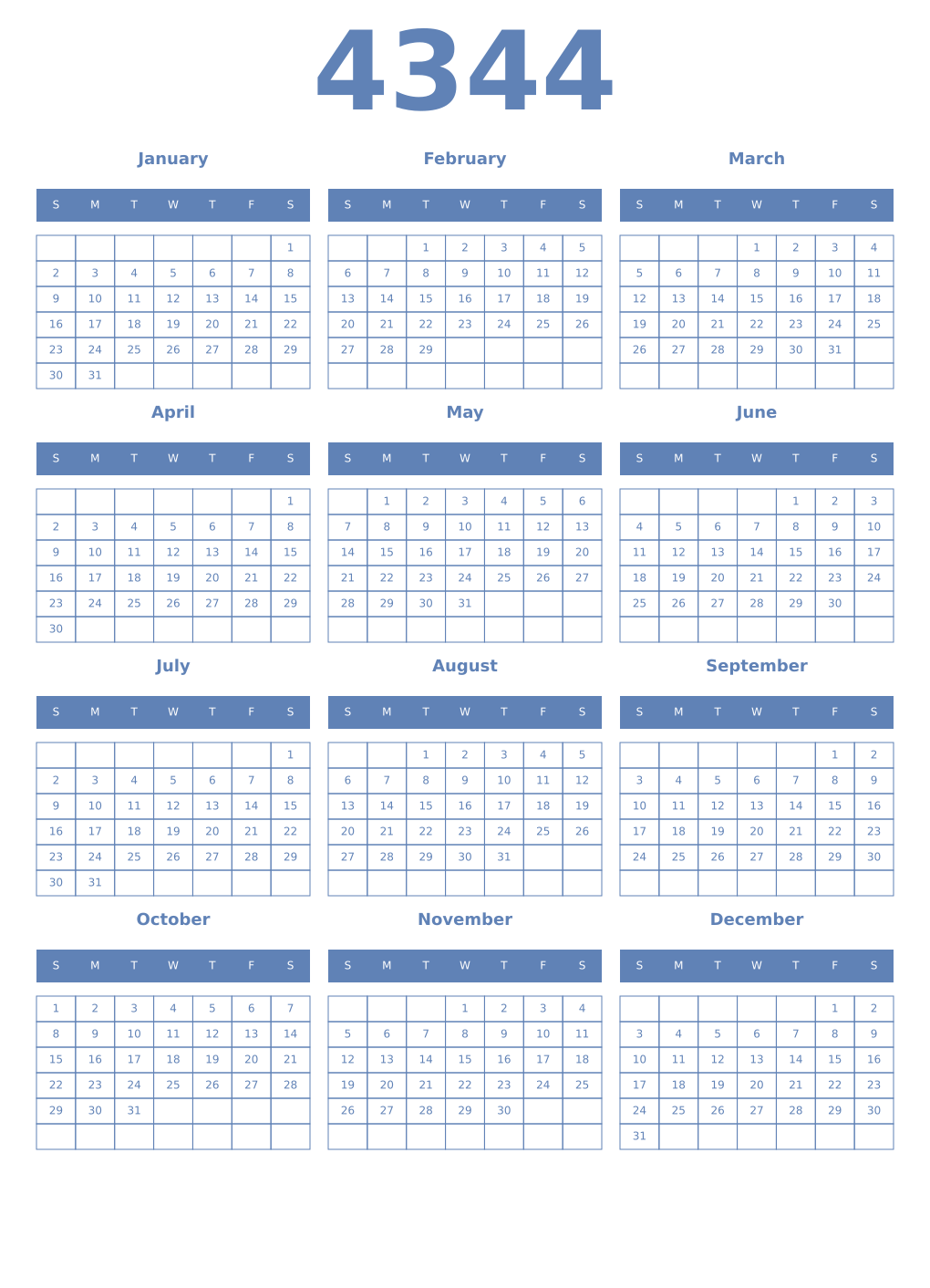 Printable 4344 Year Calendars glaucous