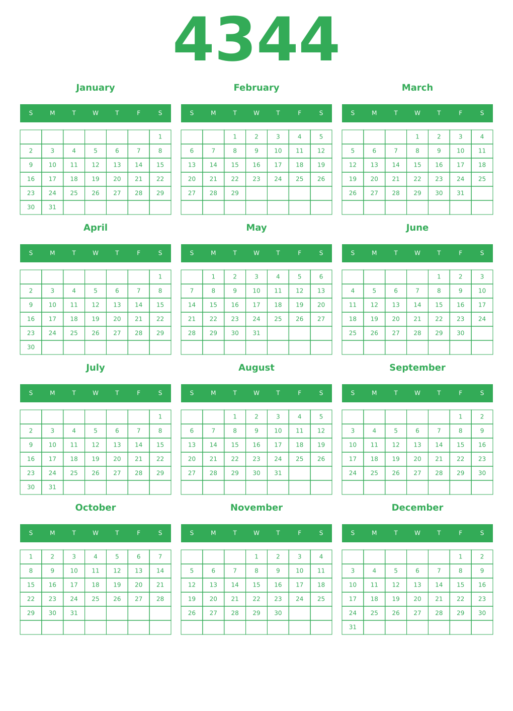 Printable 4344 Year Calendars green