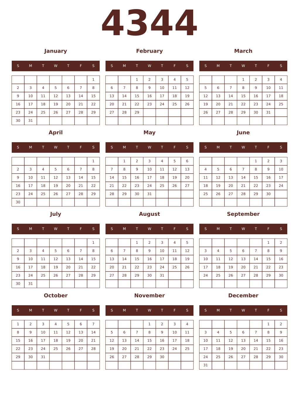 Printable 4344 Year Calendars mortuum