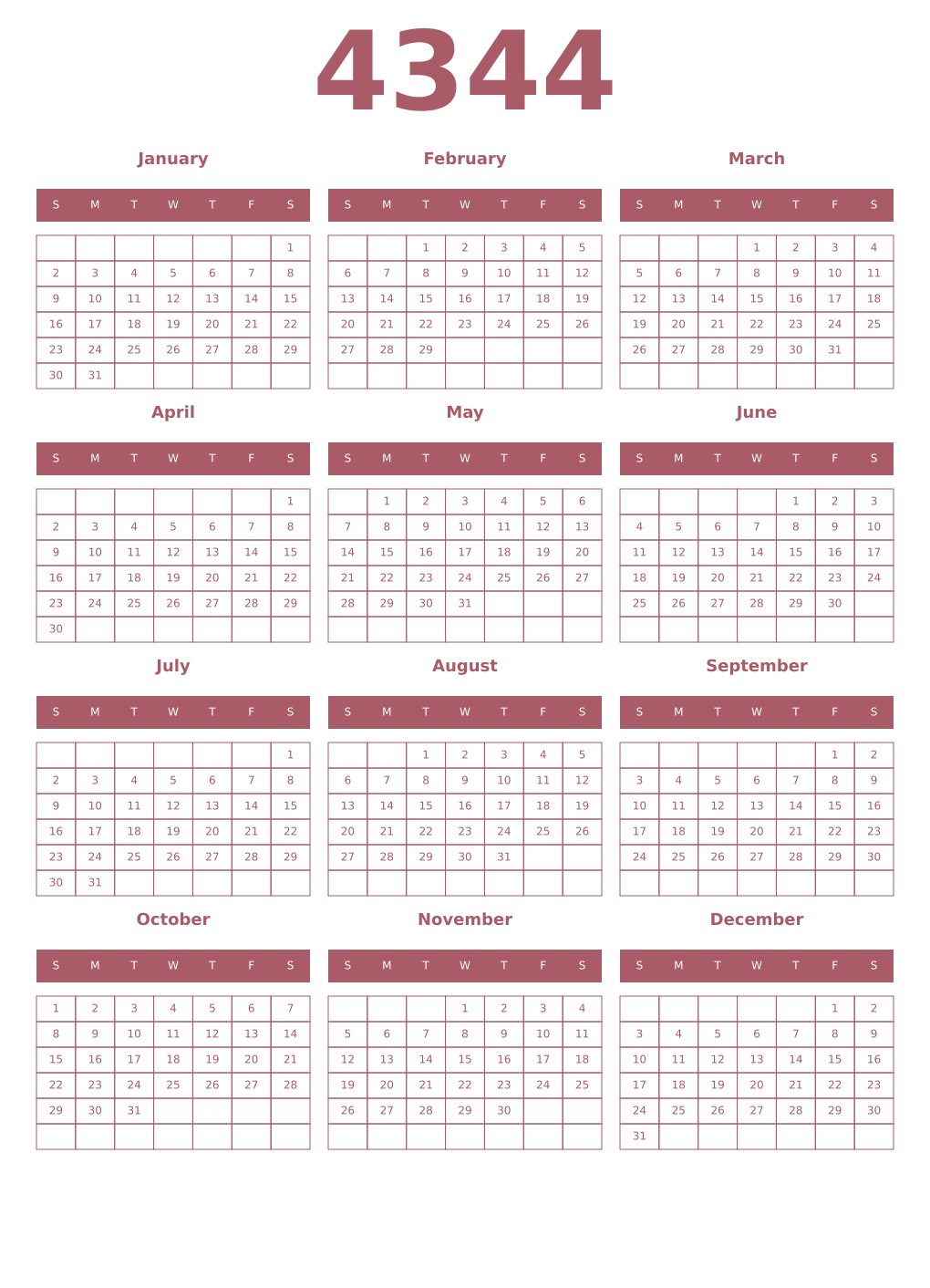 Printable 4344 Year Calendars puce