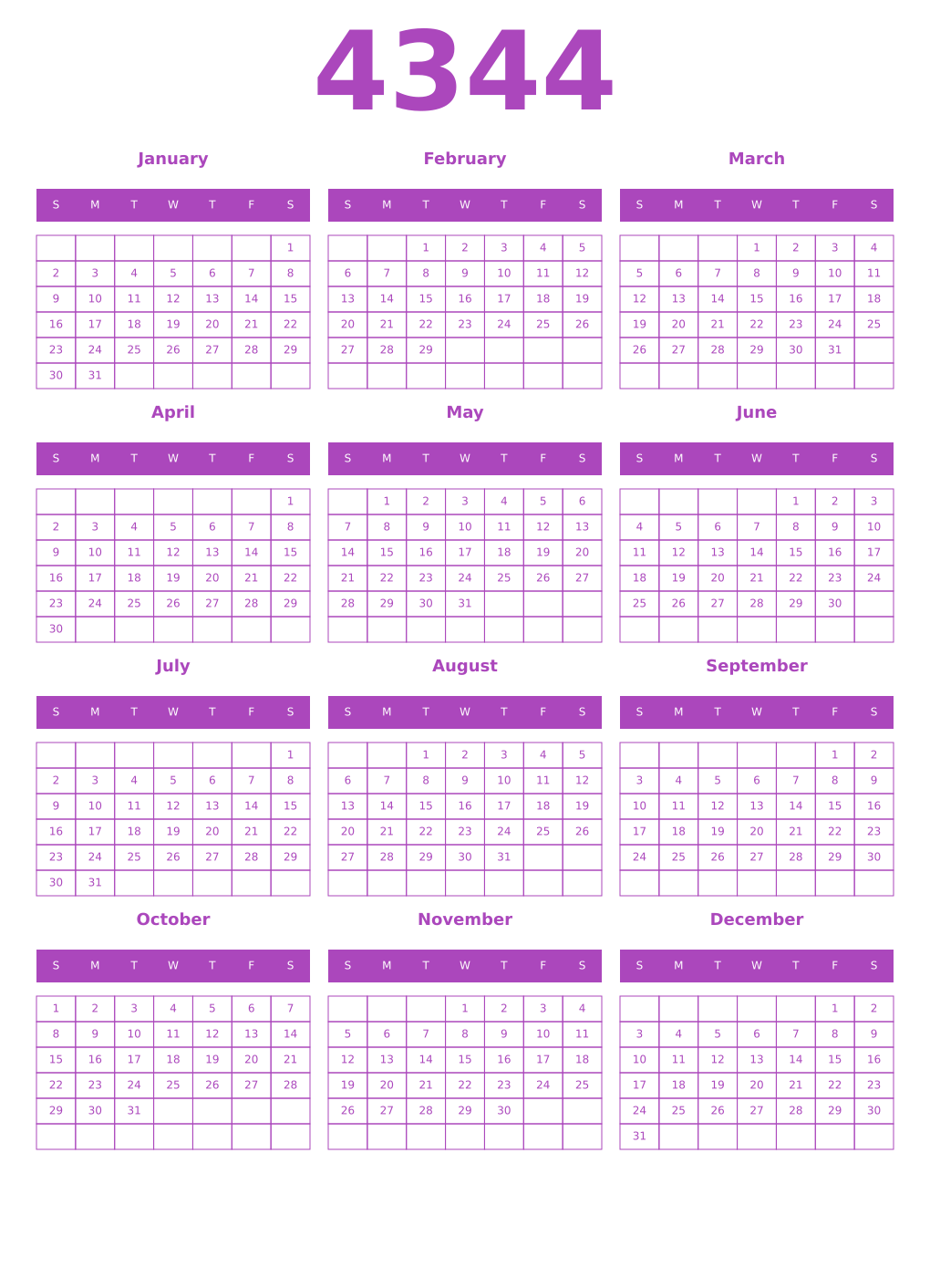 Printable 4344 Year Calendars purple