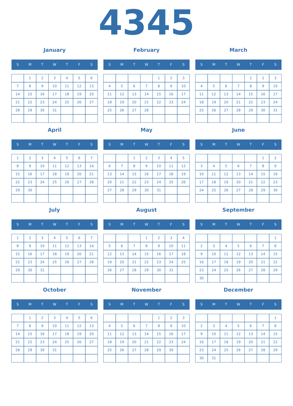 Printable 4345 Year Calendars blue