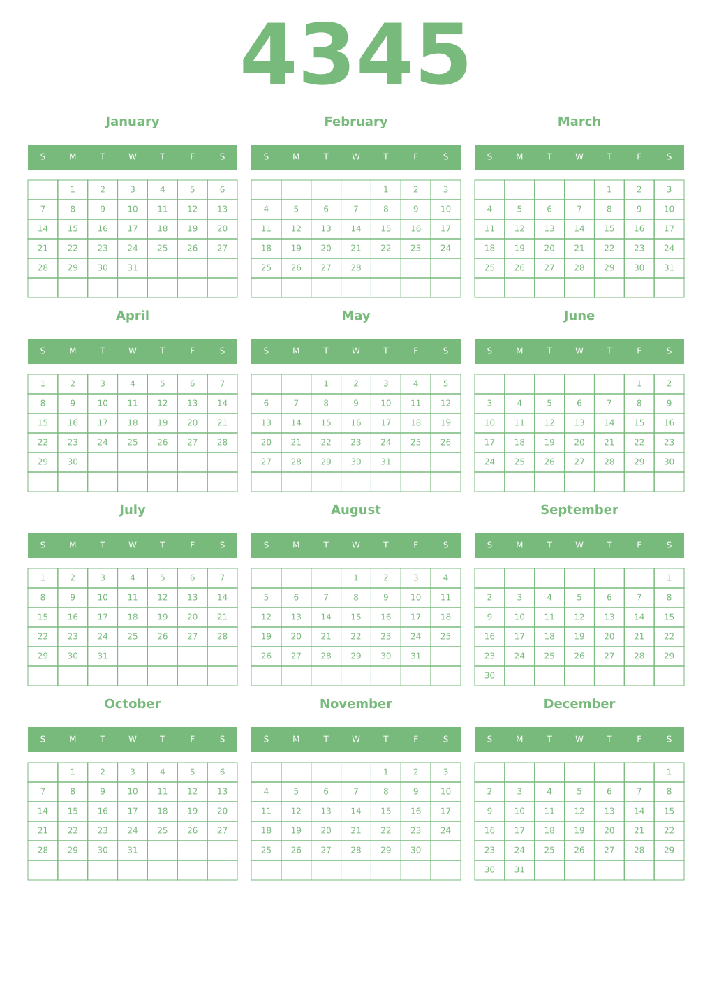 Printable 4345 Year Calendars celadon