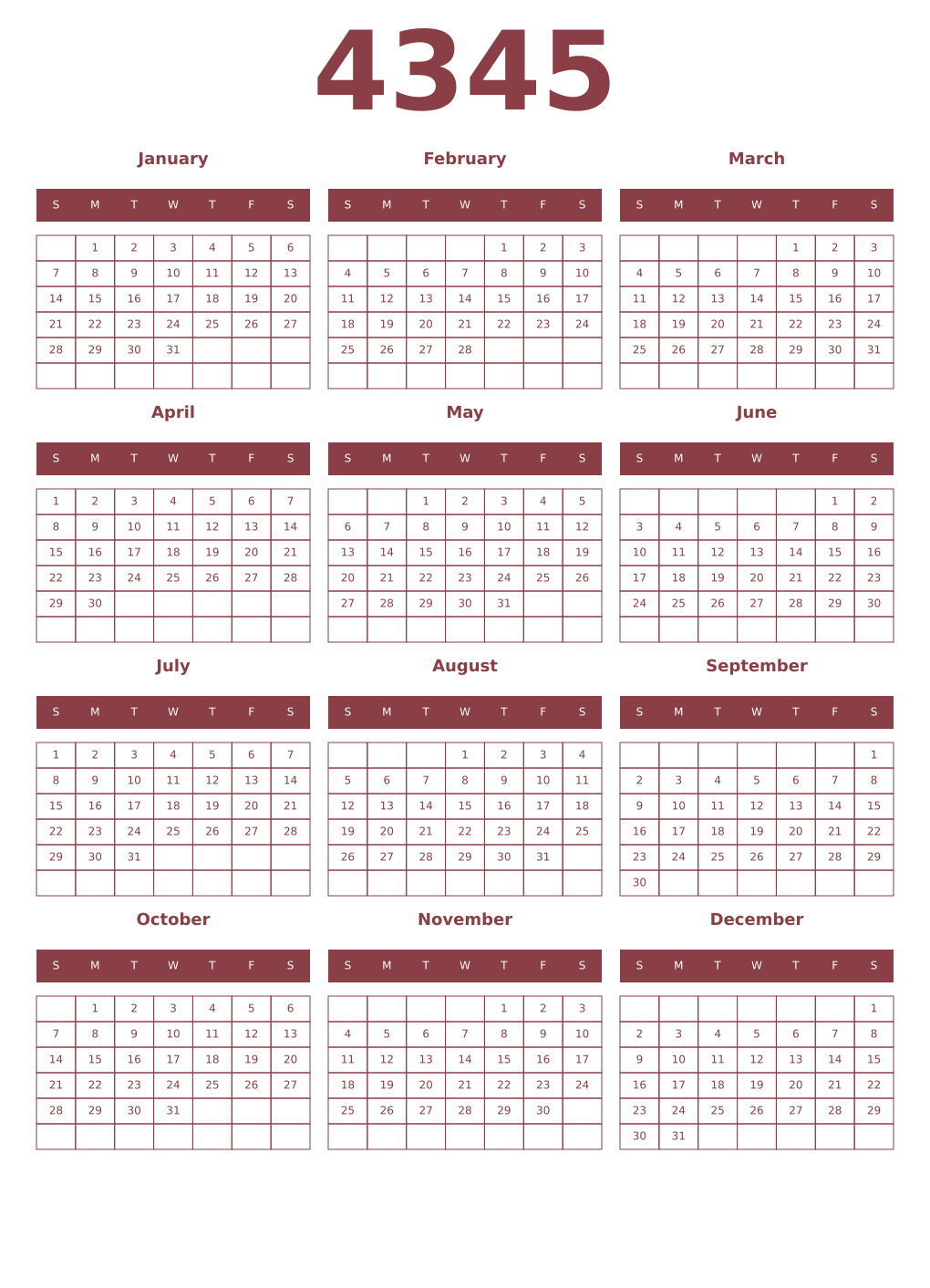 Printable 4345 Year Calendars cordovan