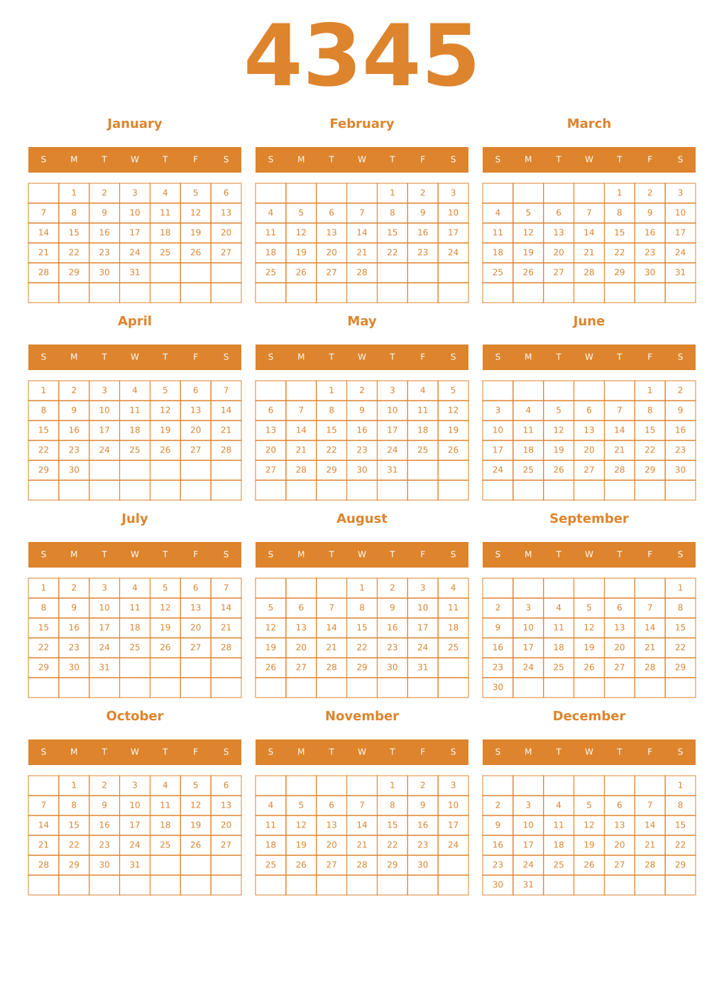 Printable 4345 Year Calendars orange