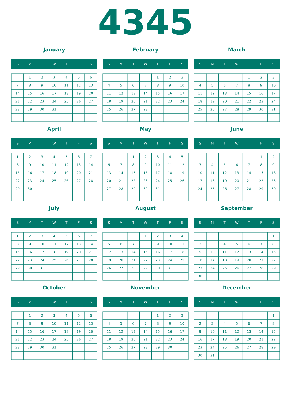 Printable 4345 Year Calendars pastel