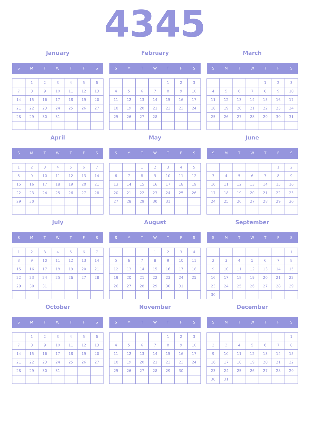 Printable 4345 Year Calendars periwinkle