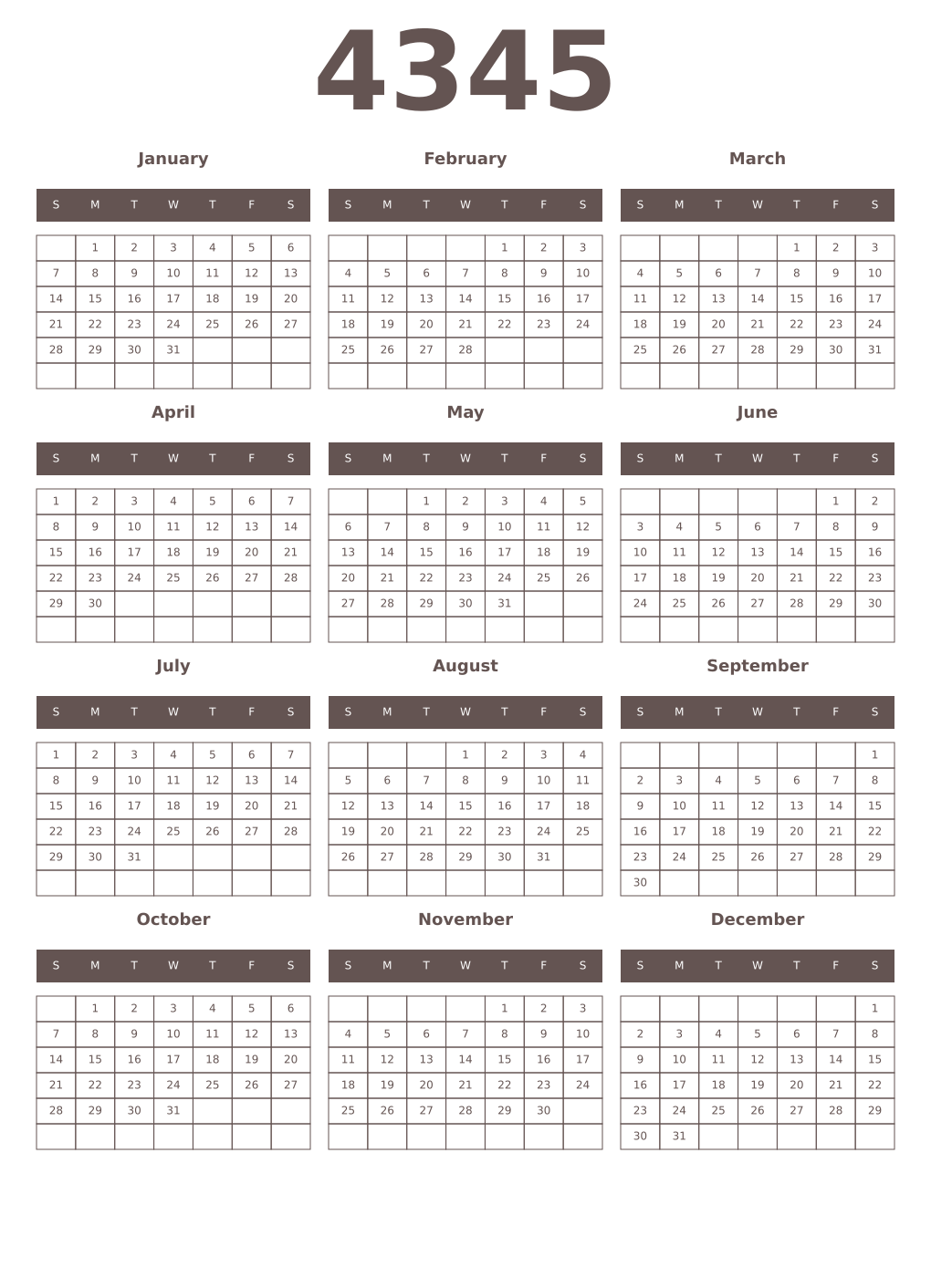 Printable 4345 Year Calendars wenge