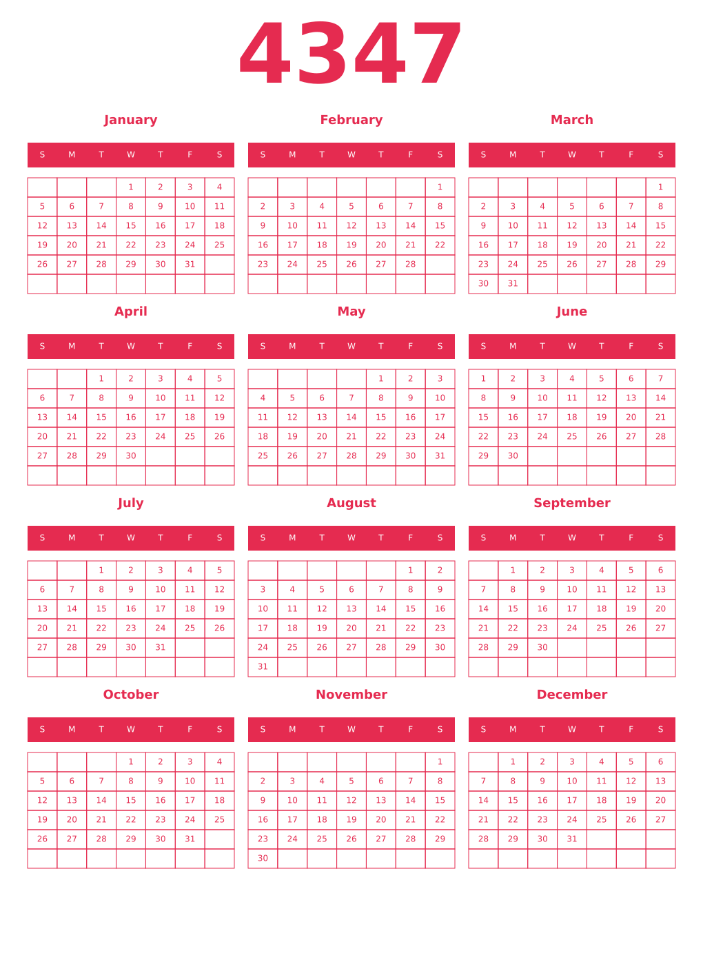 Printable 4347 Year Calendars amaranth