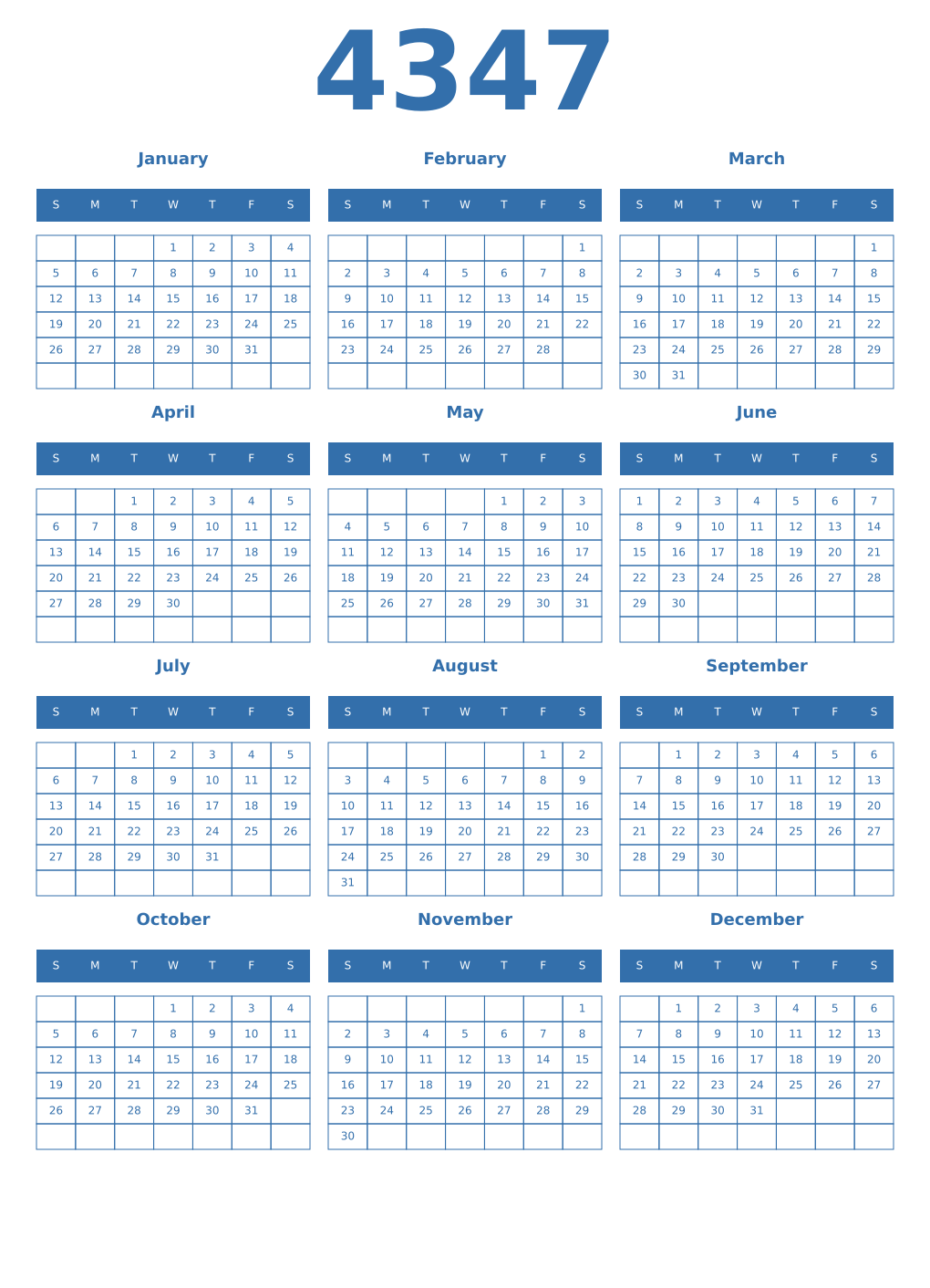 Printable 4347 Year Calendars blue