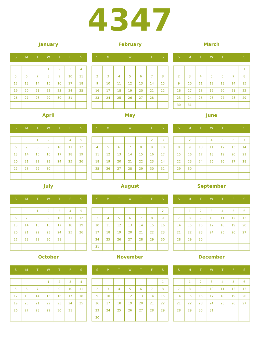 Printable 4347 Year Calendars chartreuse
