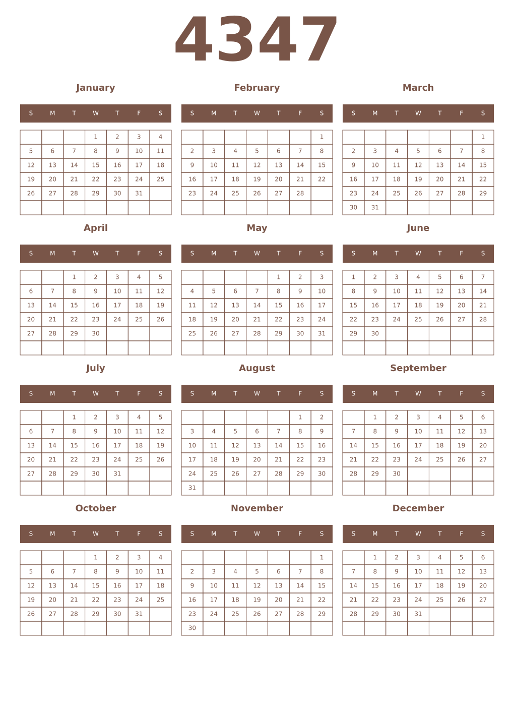 Printable 4347 Year Calendars coffe