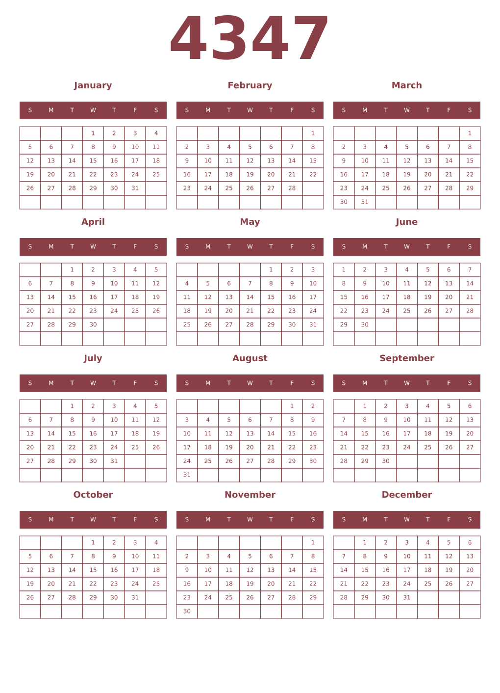 Printable 4347 Year Calendars cordovan