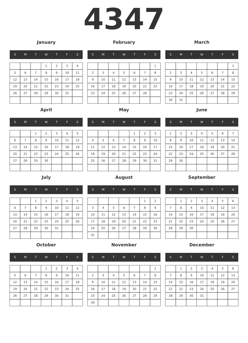 Printable 4347 Year Calendars dark
