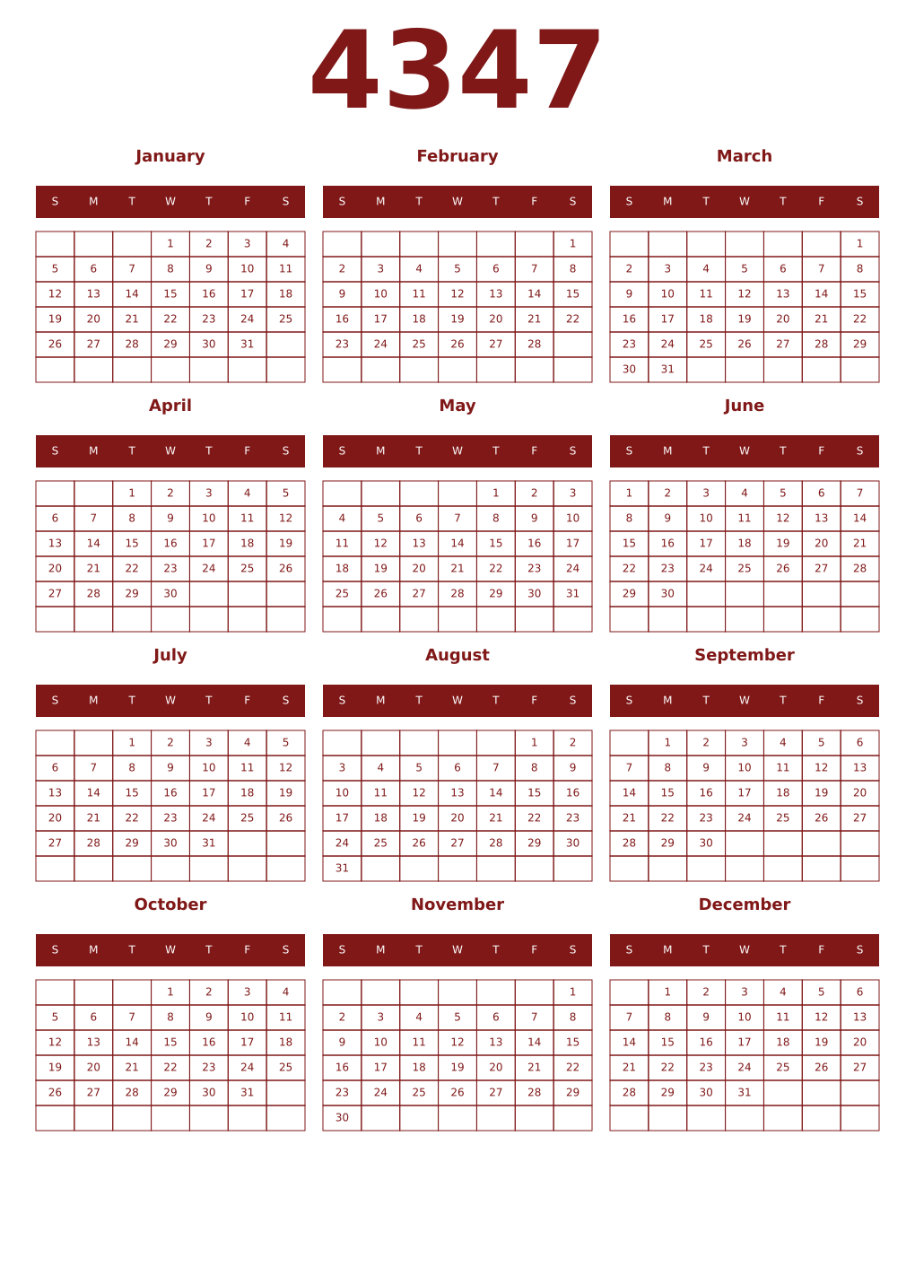 Printable 4347 Year Calendars falu