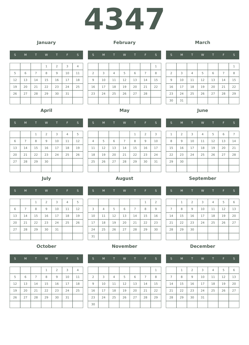 Printable 4347 Year Calendars feldgrau
