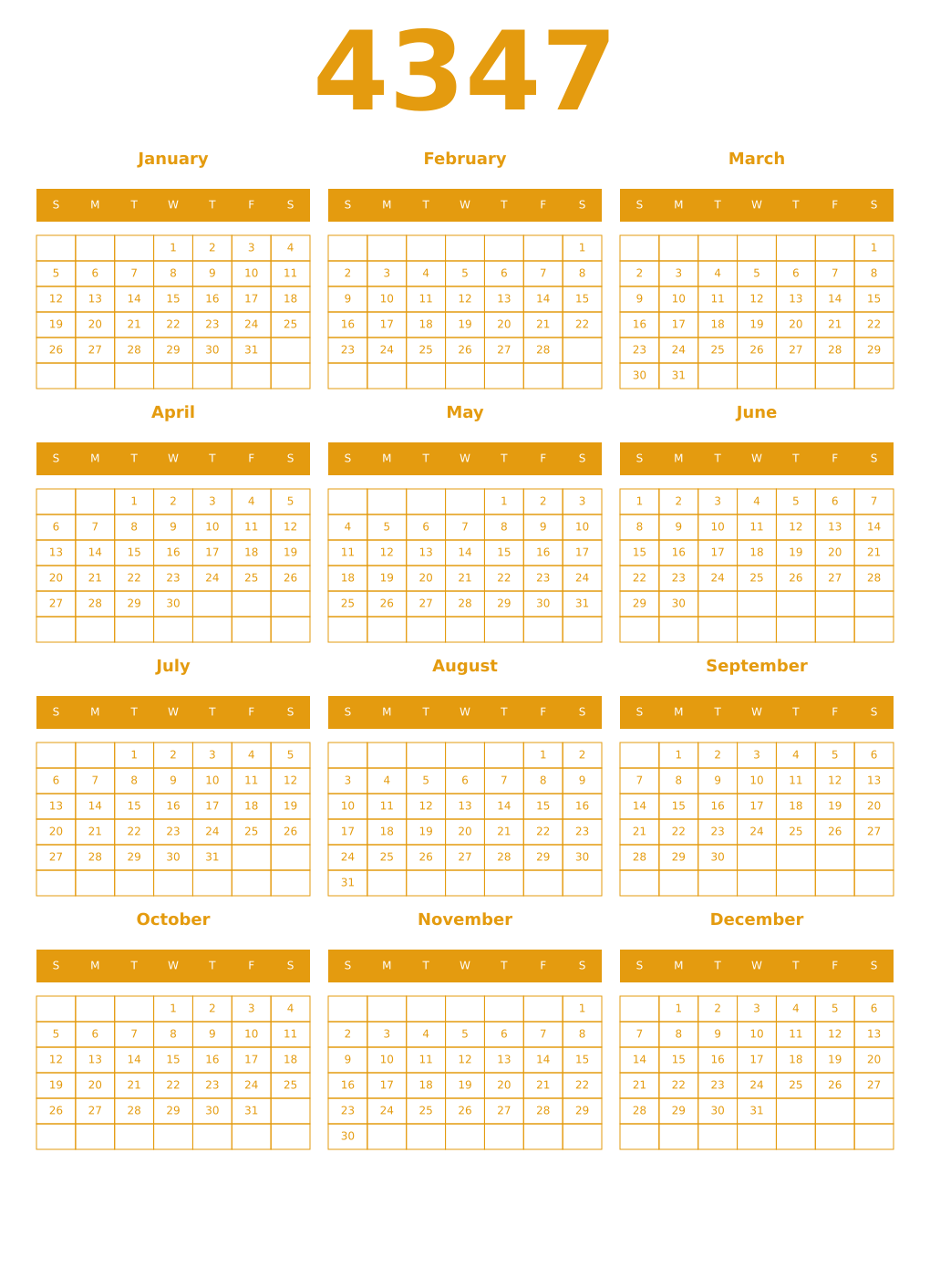 Printable 4347 Year Calendars gamboge