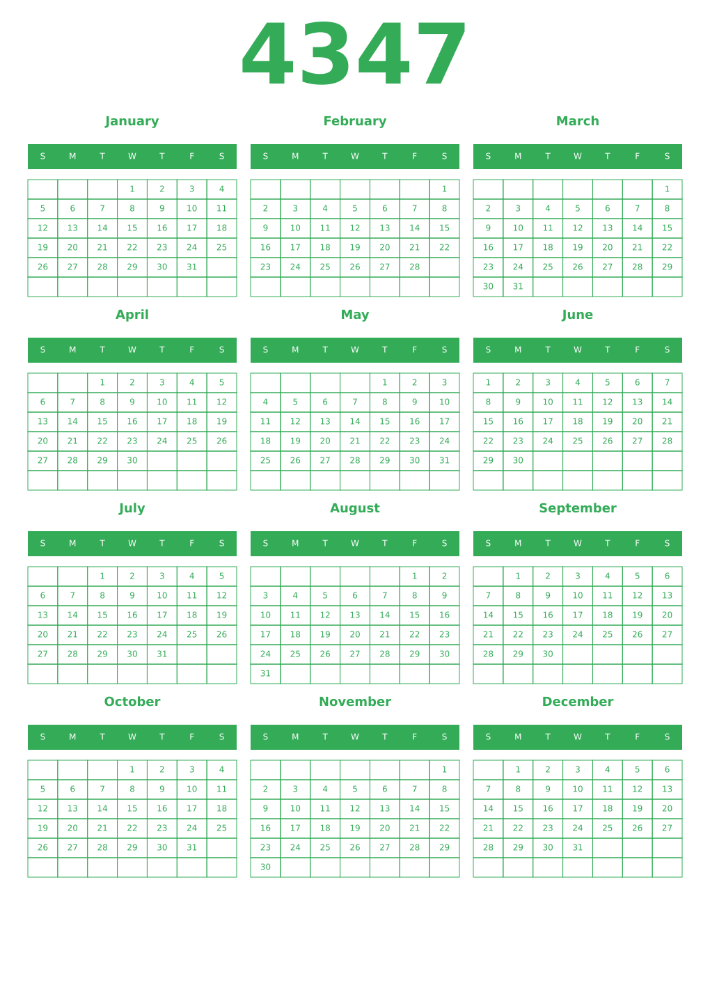 Printable 4347 Year Calendars green