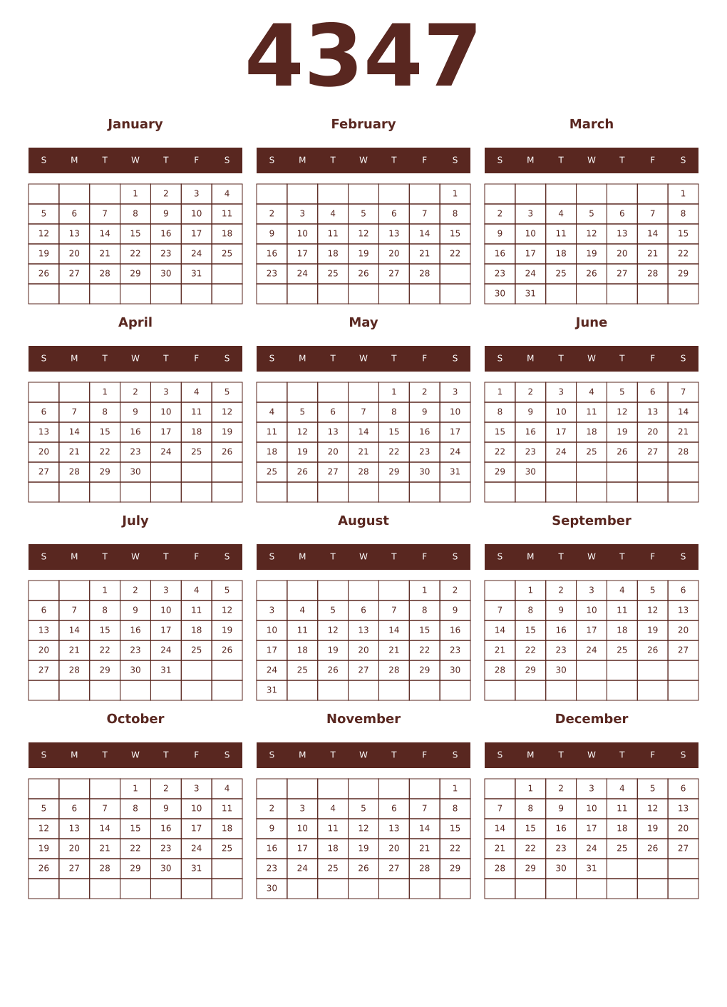 Printable 4347 Year Calendars mortuum