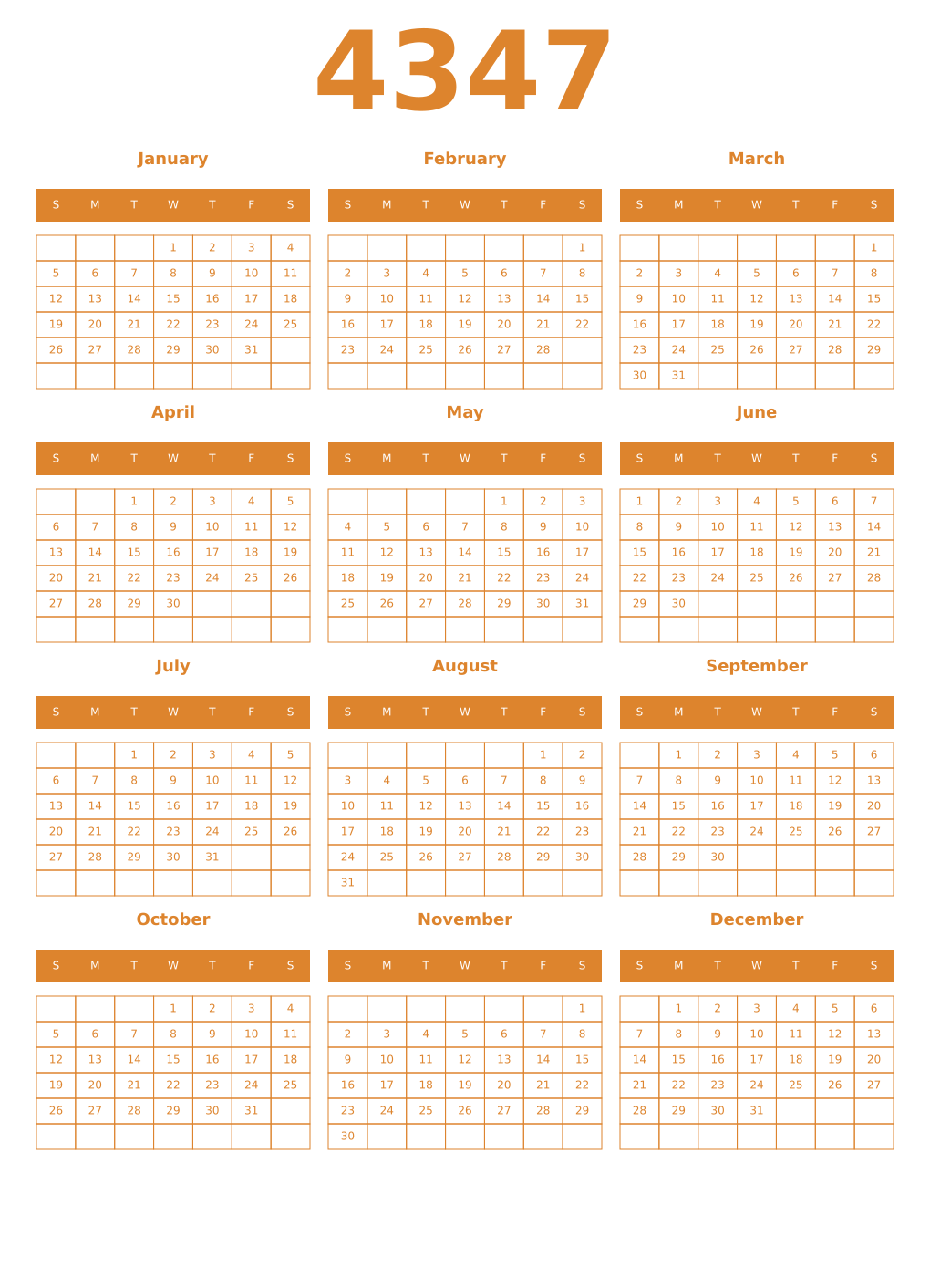 Printable 4347 Year Calendars orange