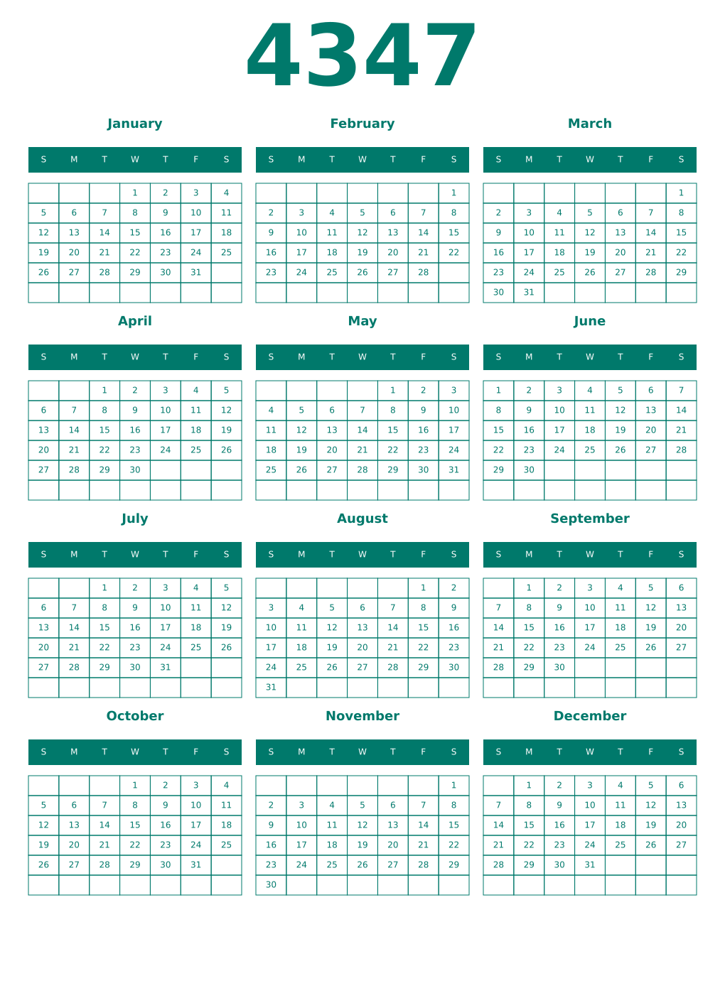 Printable 4347 Year Calendars pastel