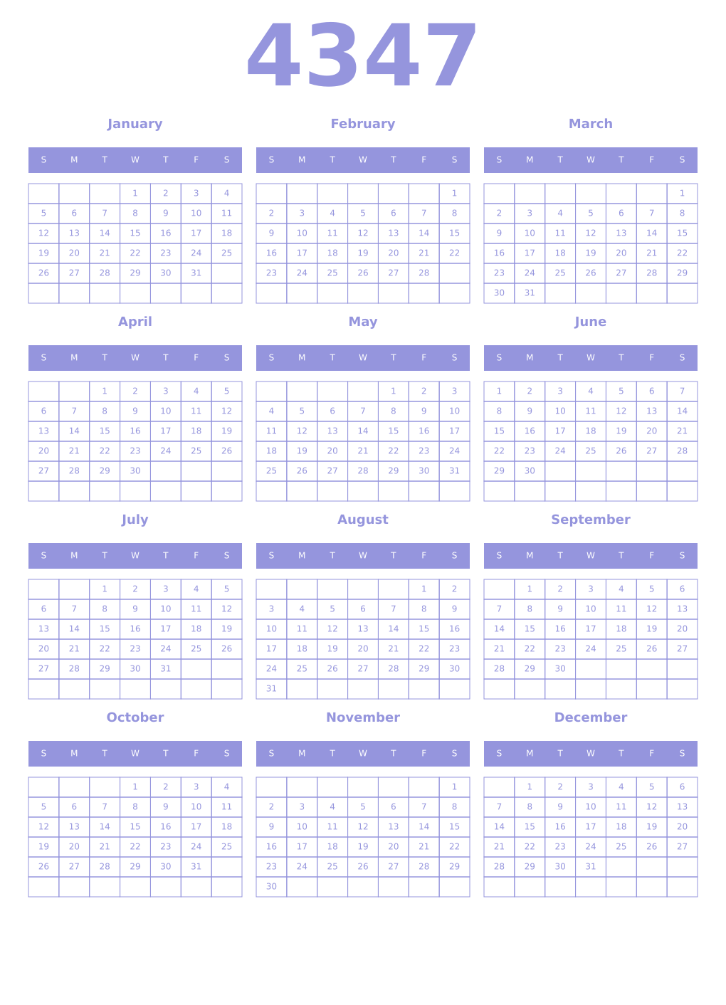 Printable 4347 Year Calendars periwinkle