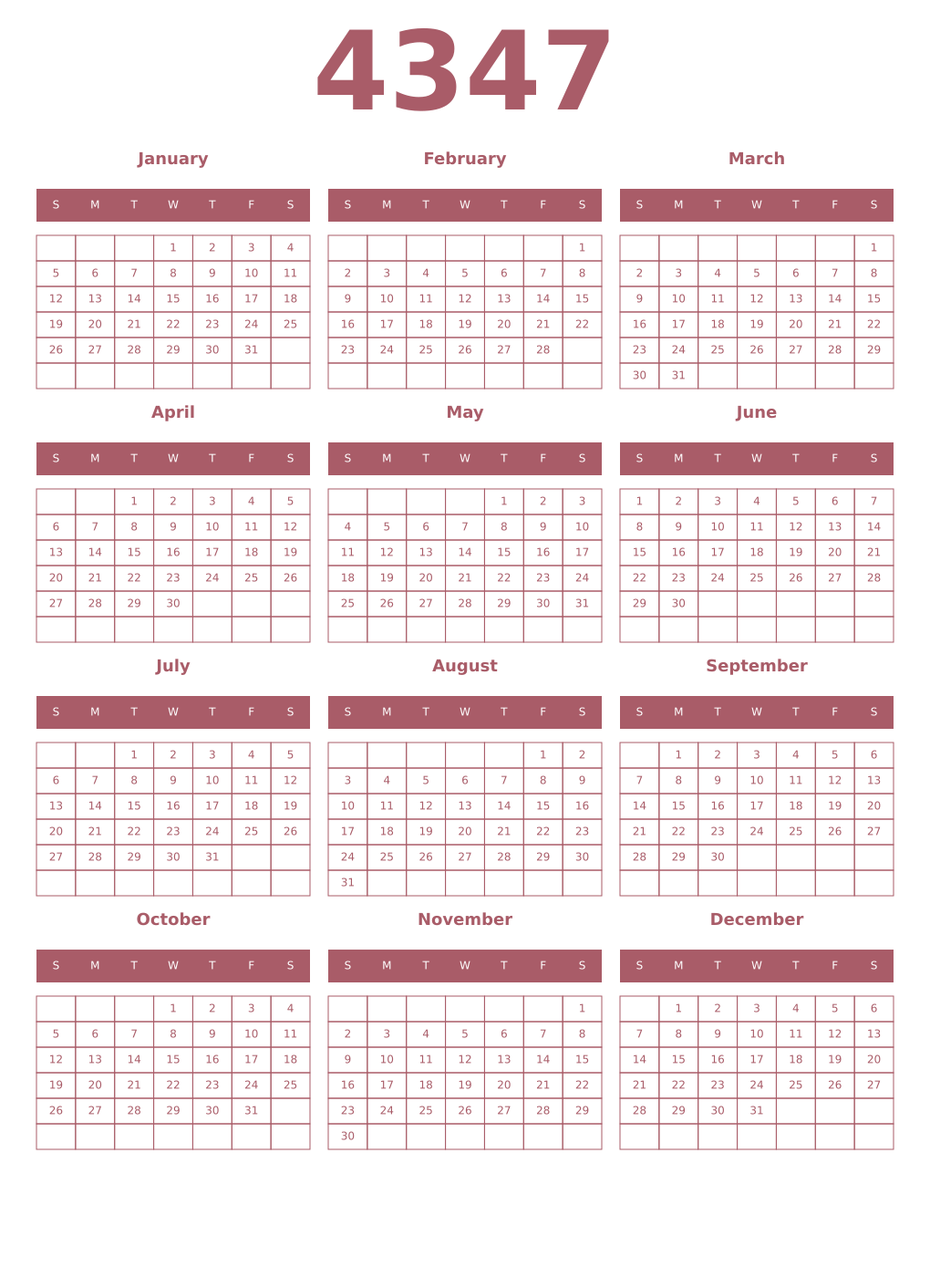 Printable 4347 Year Calendars puce