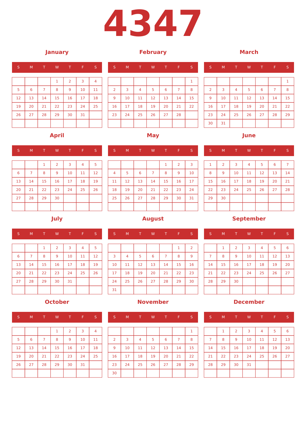 Printable 4347 Year Calendars red