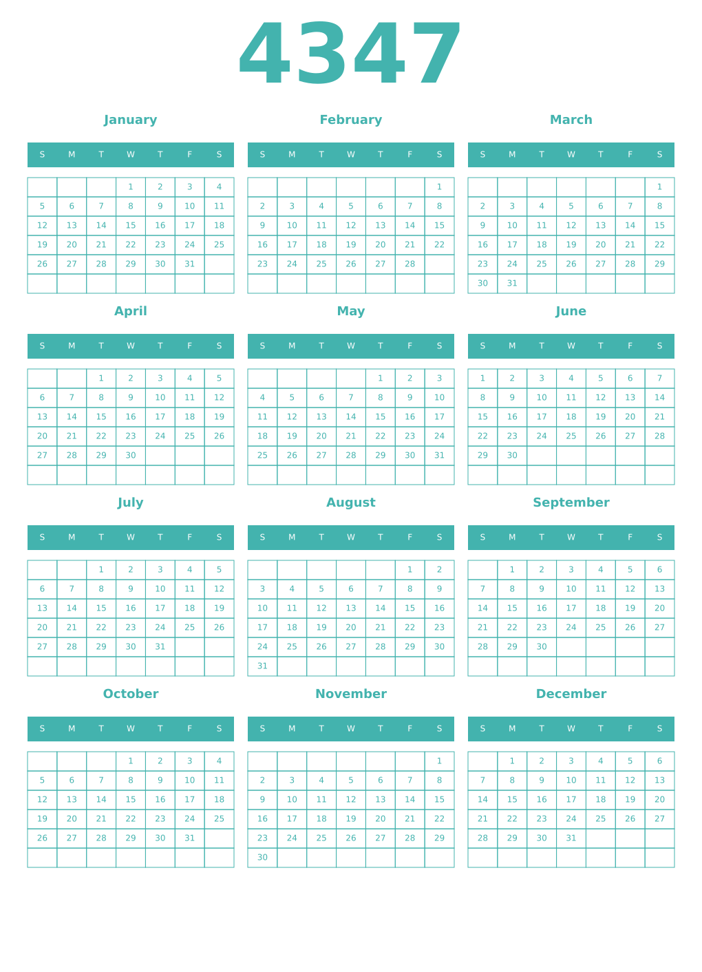 Printable 4347 Year Calendars verdigris