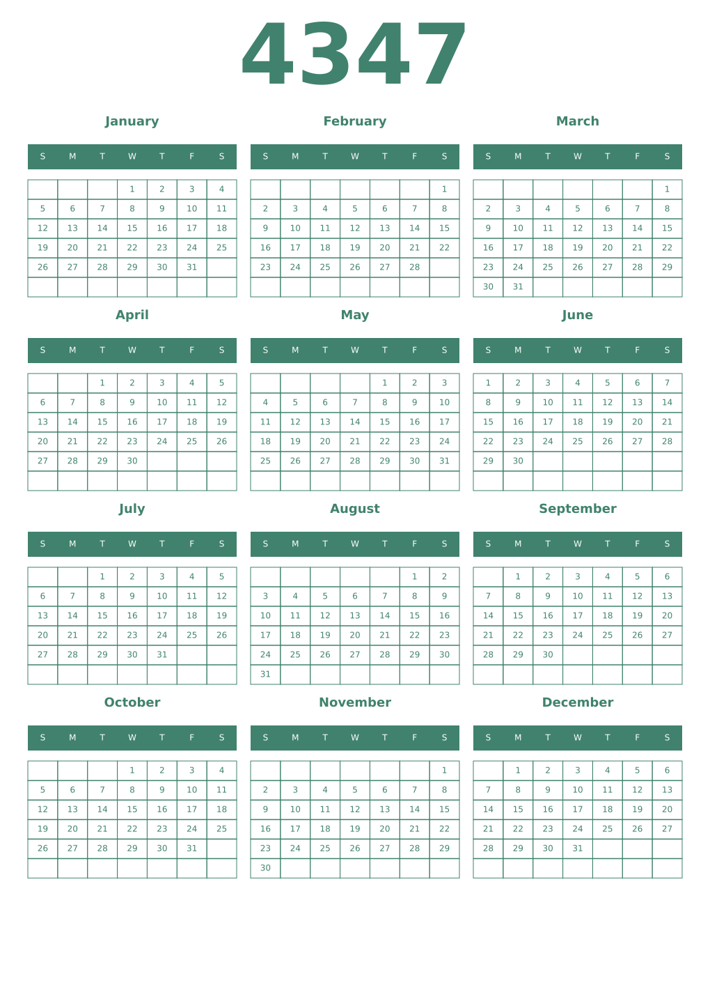 Printable 4347 Year Calendars viridian