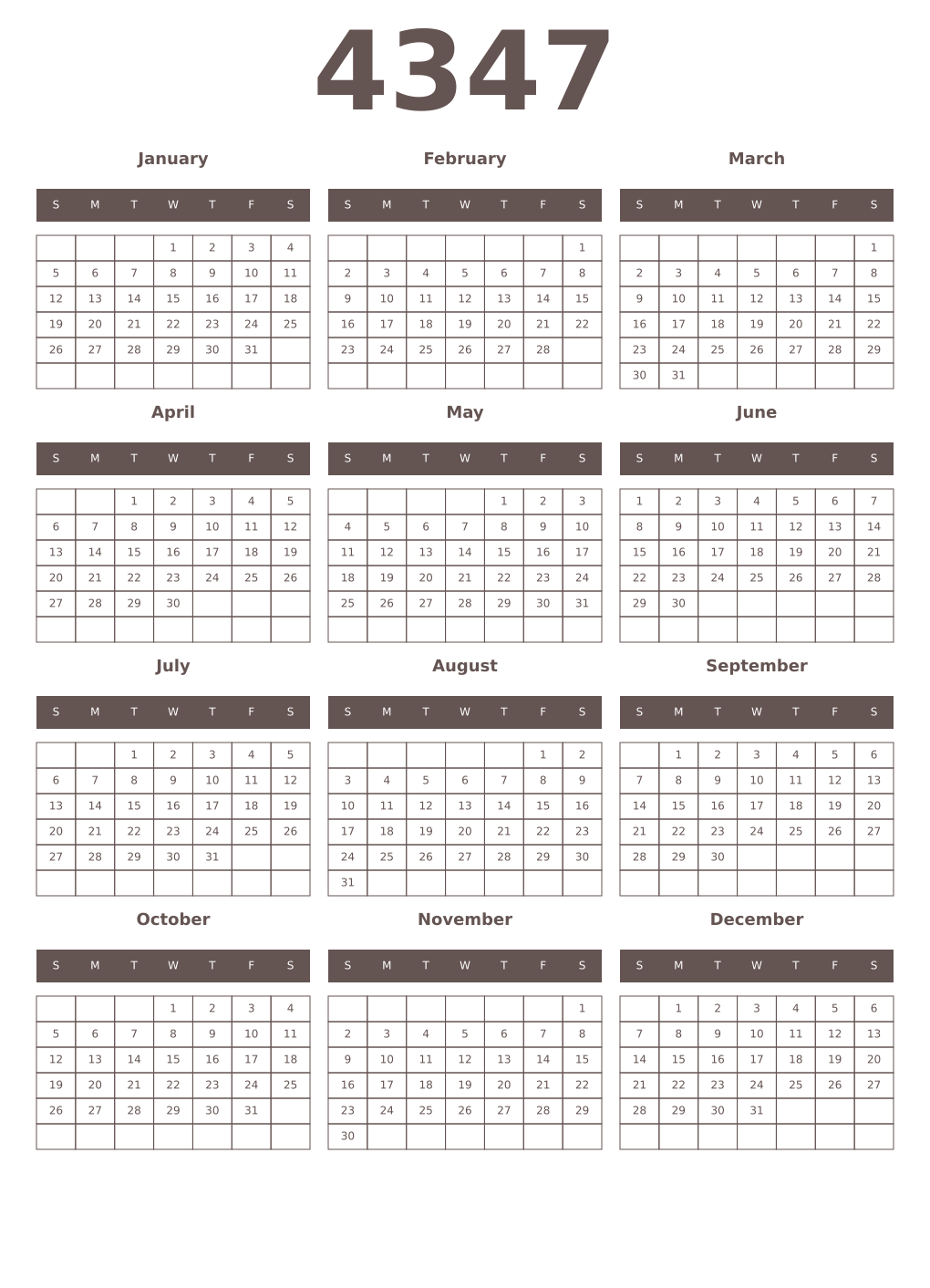 Printable 4347 Year Calendars wenge